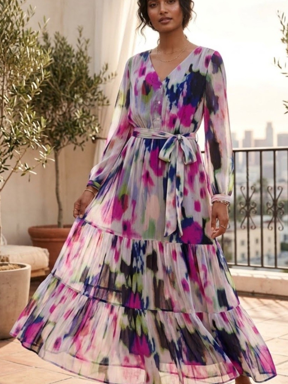 DKNY Multicolor Watercolor V-Neck Tiered Maxi Dress Sz 12